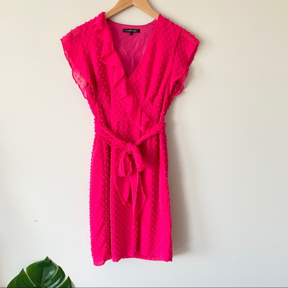 Nanette Lepore Dresses & Skirts - Nanette Lepore Fuchsia Swiss Dot Ruffle Faux Wrap Dress Hot Pink Size 0